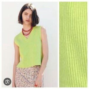 ZARA | V-neck Sweater Vest Ribbed Lime Green Cotton Sz S